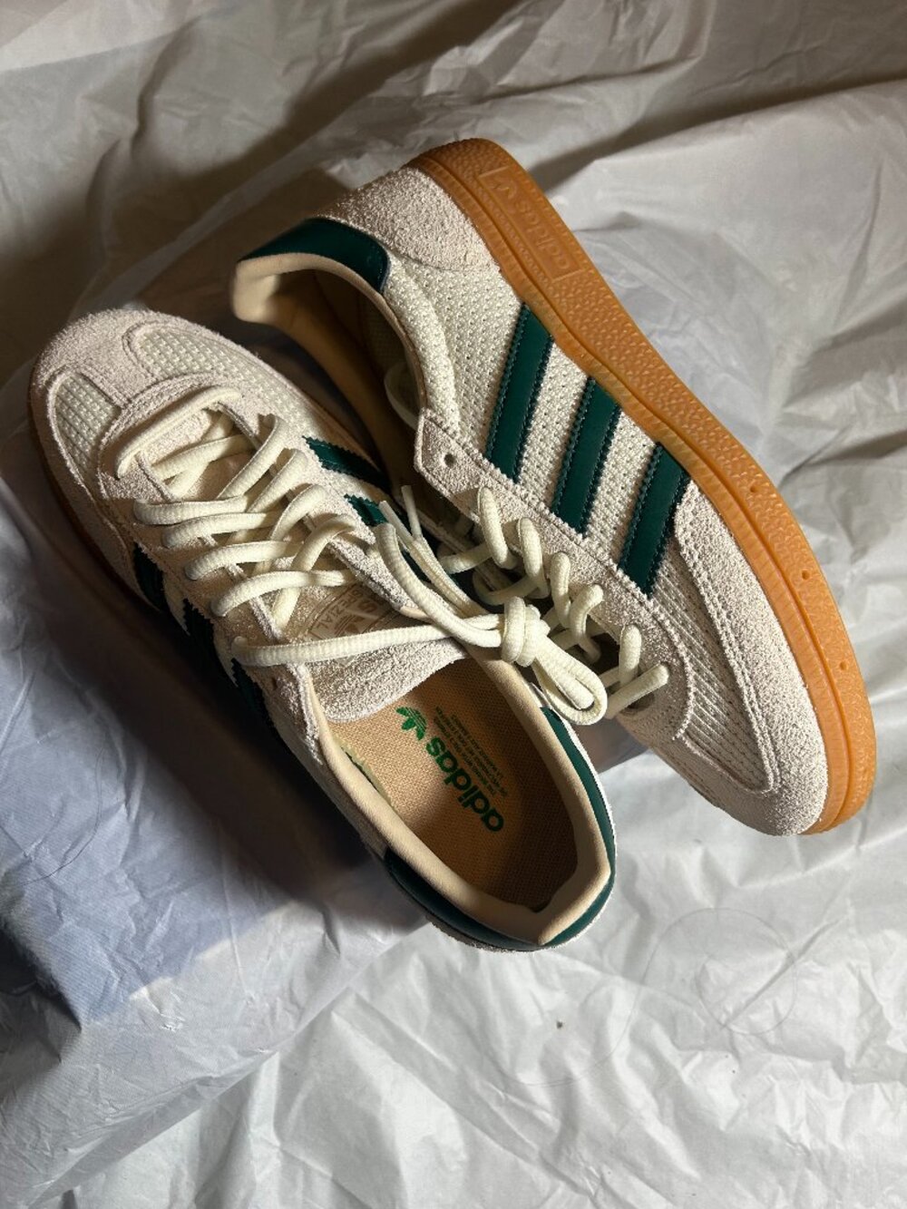 Adidas Handball Spezial Off White Collegiate Green Gum Mens 6.5 Womens 8.5